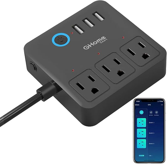 GHome Smart Power Strip Surge Protector 10A, Smart Plug that Works with Alexa & Google Home, 6 in 1 WiFi Outlets with APP Control, Black Extension Cord 2.4G WiFi Only, ETL FCC Listed, No Hub Needed