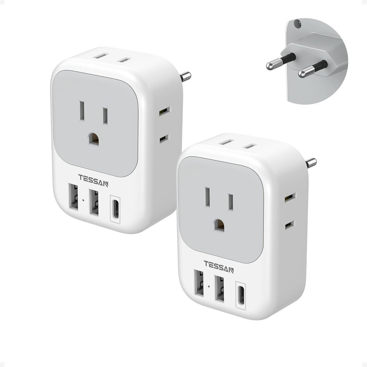 TESSAN European Plug Adapter - 4 Outlets & 3 USB Ports | Type C Travel Charger for Italy, Spain, France, Germany