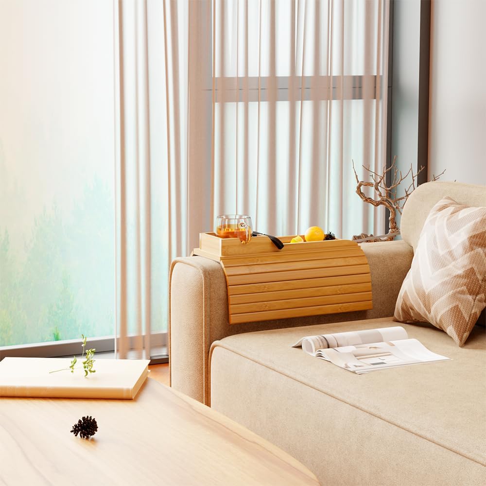 Bestjing Bamboo Couch Armrest Table with Cup Holder Tray