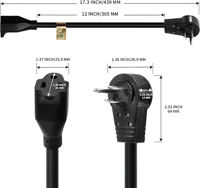 Nekteck 360° Rotating Flat Plug Extension Cord 1 Foot, 14AWG 3 Prong Extension Cord, Low Profile Right Angle Power Cord, Flat Extension Cord Grounded Wire, 15A - UL Certified, Black