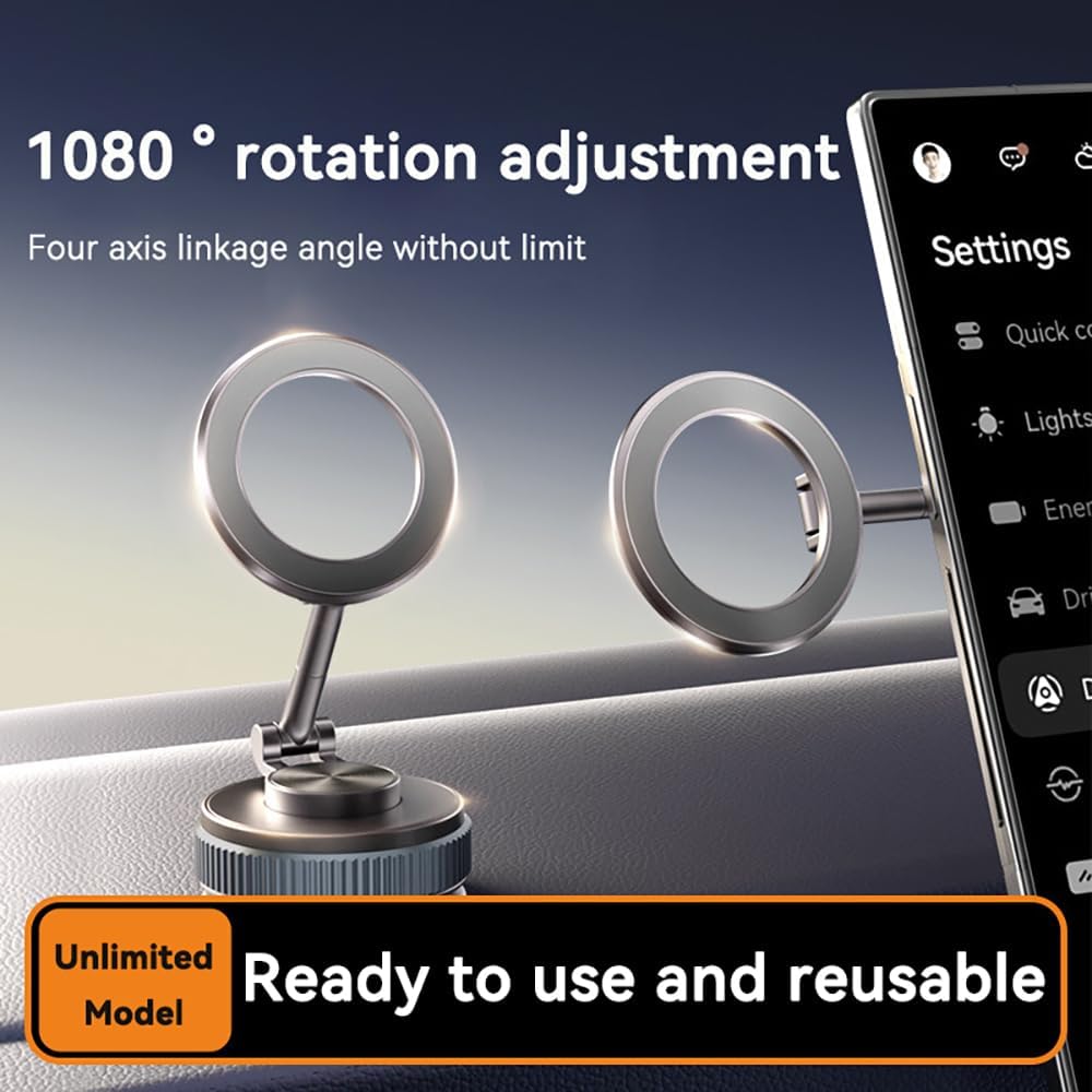 [Newly Upgraded] Metal Magnetic Car Phone Holder | Dual Insurance of Vacuum + Adhesive | 360° Rotation Without Dead Angle | Magnetic Ring Included‌(for iPhone & Android) (Black+Clip)