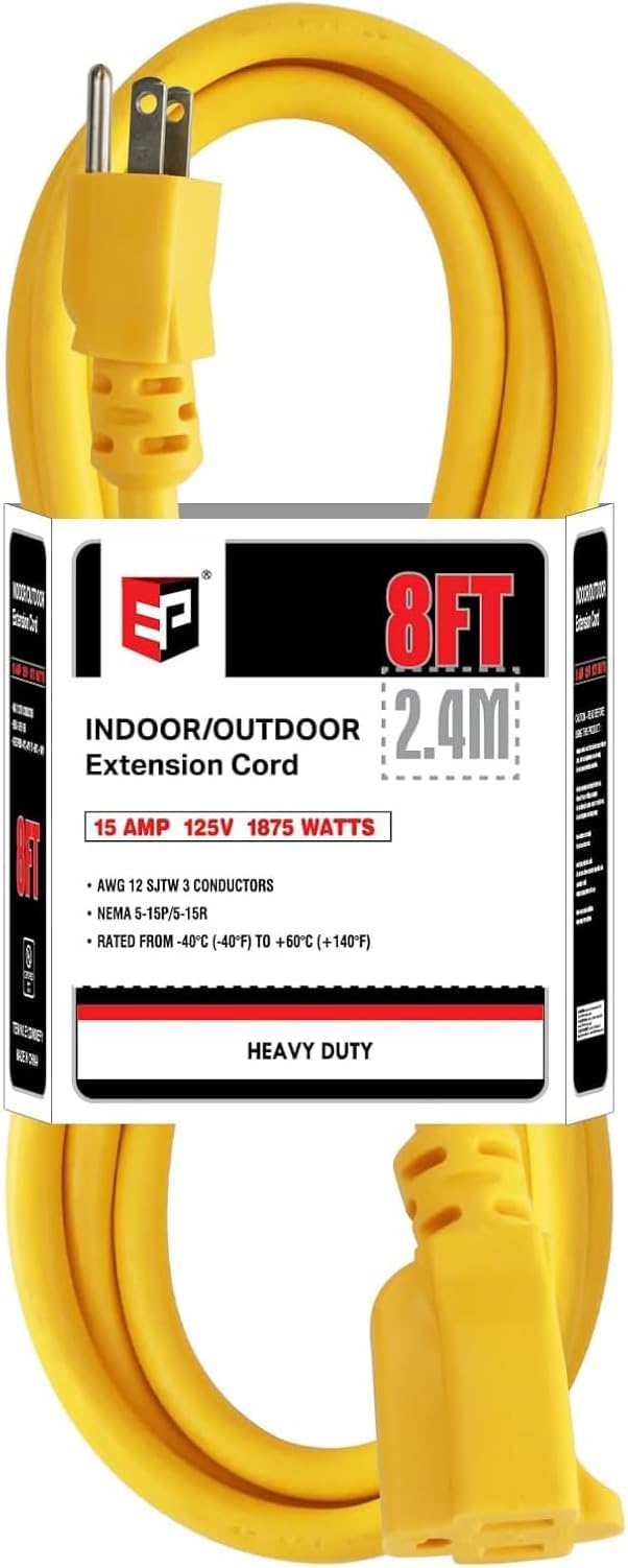 EP 12/3 8 FT Indoor Outdoor Yellow Extension Cord Waterproof, 12 Gauge 3 Prong Power Cord Flexible Resistant Appliance Extension Cable Electric Cable Outside, 15A 1875W 12AWG SJTW, ETL Listed