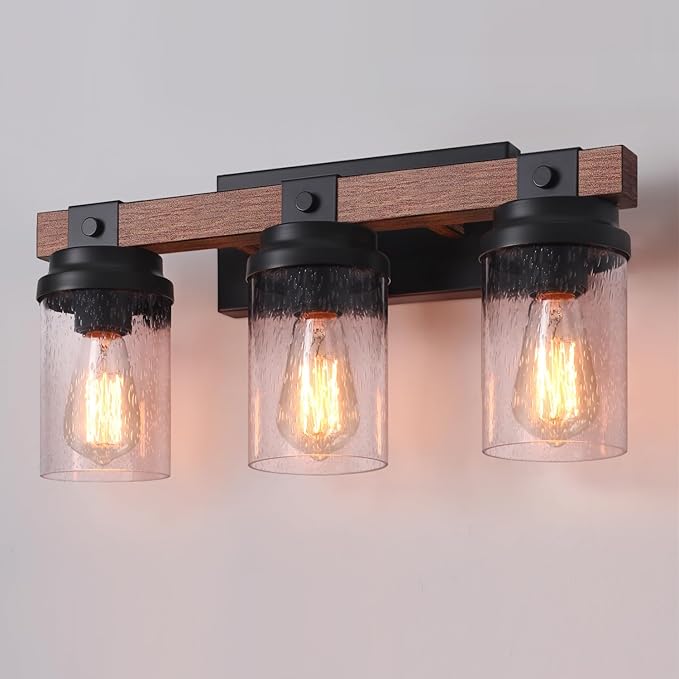 Farmhouse Vanity Light Fixtures, 3-Light Rustic Bathroom Lights Over Mirror with Pretty Glass Shade, Industrial Black Metal Wood Wall Decor Sconces for Living Room Hallway Stairway UL-Listed