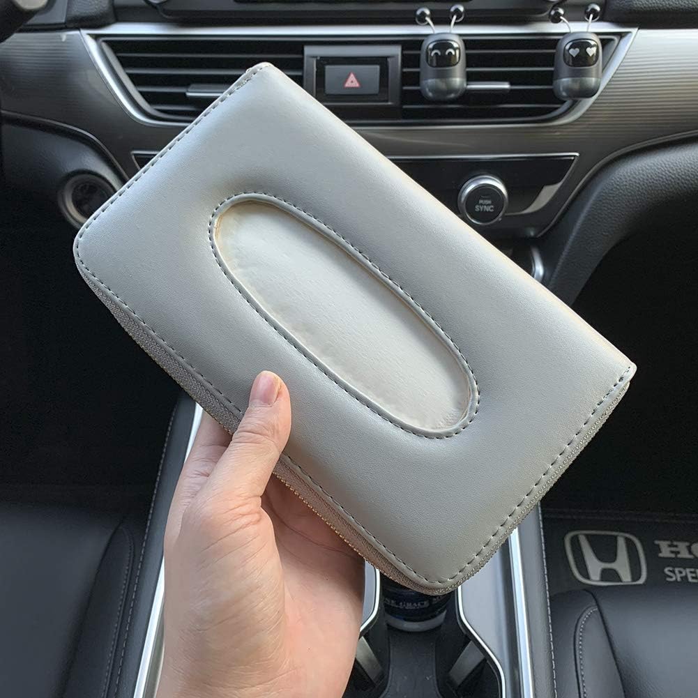Car Tissue Holder, Sun Visor Tissue Holder, Car Visor Napkin Holder, PU Leather Backseat Tissue Case Holder for Auto Vehicle with Zipper (Grey)