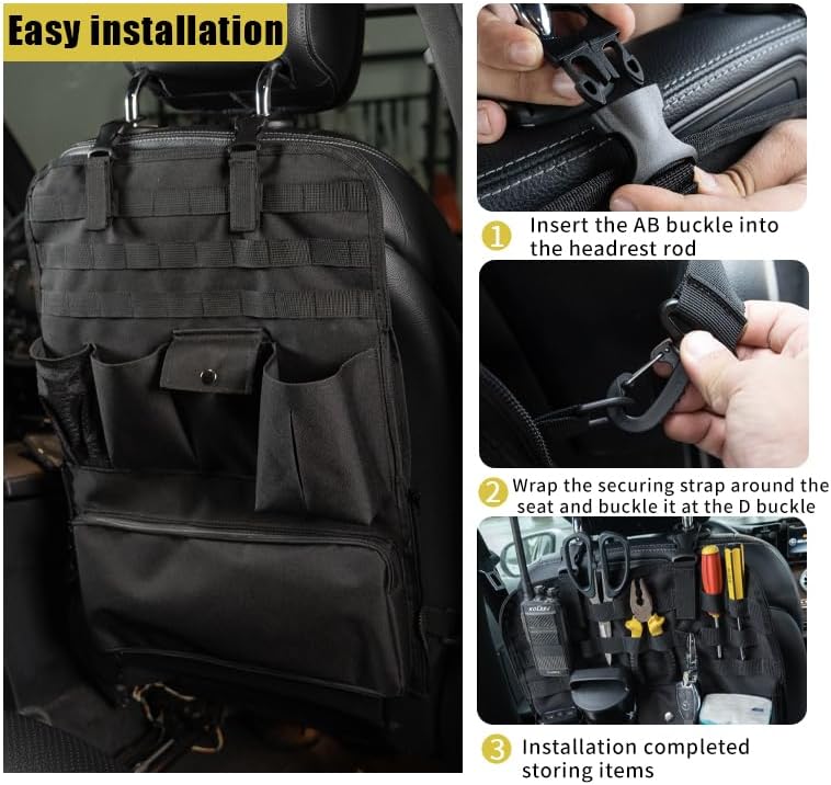 GMQ Car Seat Organizer,Multifunctional Tactical Car Seat Back Storage Pocket with Molle Pouch,Universal Fits for SUV,F150,Car Truck for Road Trips (1, Black)