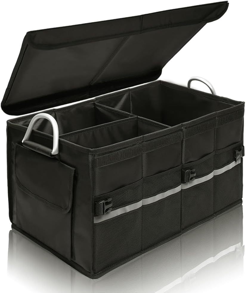 Trunk Organizer With Lid,Medium,Black 55L,For SUV Car Truck,Collapsible Waterproof Oxford Fabric,Portable Multipurpose sorting,3-Compartments with Aluminium Alloy Handle