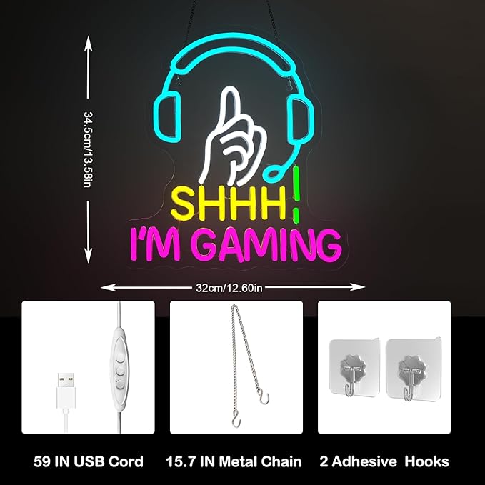 Game Neon Sign Shhh I'm Gaming Light Sign Blue Headset Hand Gesture Design Pink Neon Gaming LED Light USB Powered Dimmable Game Room Wall Decor for Bedroom Man Cave Teen Gamer Gifts