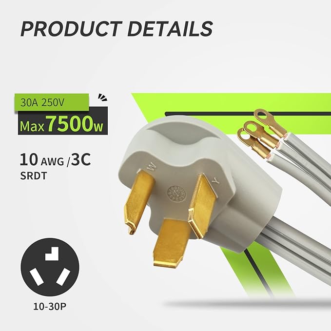 RVMATE 3 Prong SRDT Dryer Cord 10 Feet, 30 Amp Appliance Power Cord (NEMA 10-30P to 3-Wire), 3 Wires with O Ring Terminal Connectors, 100% Copper Wire Dryer Extension Cord.