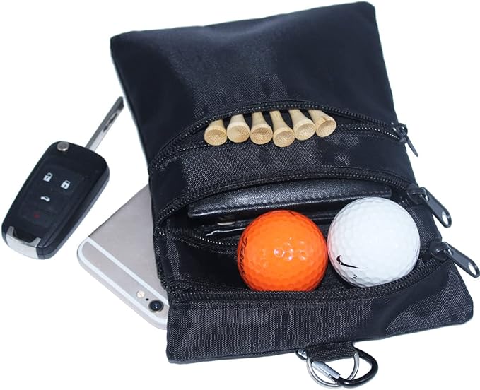 Golf valuables Pouch, Zipper Golf Ball Bag with 4 Pockets, Golf Accessories Pouch for Storing Balls,tees,Mobile Phone,Keys, Cards and Cash, Great Gift for Golfers