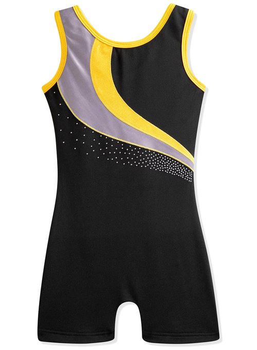 HOZIY Leotards for Girls Gymnastics Practice Size 6-7 Years Gold Stripe Spliced Diamond Rhinestone Fall Black Tumbling Outfit Biketard Sparkly