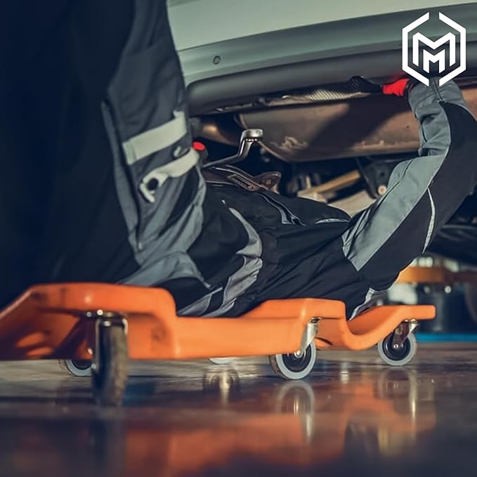 M-AUTO 36" Mechanic Rolling Garage Creeper with Padded Headrest Light Weight Automotive Creeper Mechanic Cart with Dual Tool Trays and Noiseless Casters, Orange