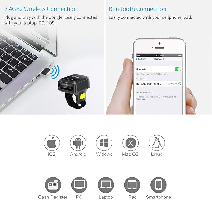 Portable Ring Bluetooth Barcode Scanner Wireless 2.4Ghz &USB Wired 3 in 1