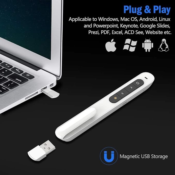 DinoFire White Wireless Presenter, Volume Control Presentation Clicker