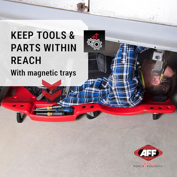 AFF XL Mechanic's Creeper - 47" Length Ergonomic Creeper with Padded Headrest & Magnetic Tool Trays - Super Duty