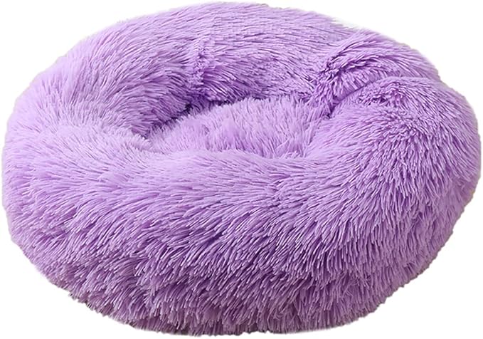 Calming Faux Fur Dog Beds Calming Donut Cuddler Dog Bed Washable Round Cat Bed Pillow Cuddler Fluffy Indoor Dog Calming Beds with Anti Slip Bottom Solid Color Purple 16 Inch