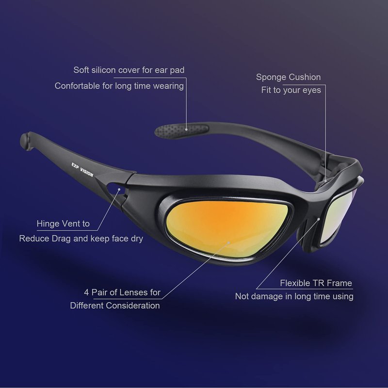 Polarized Motorcycle Riding Goggles, Windproof Cycling Glasses UV400 Outdoor Sports Sunglasses Interchangeable Lenes for Running, Baseball Golf, Driving, Fishing, Riding, Mountain Bike, Hiking