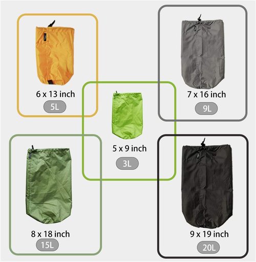 Frelaxy Stuff Sack Set - 5-Pack Ultralight Ditty Bags with Dust Flap for Travel & Hiking | Neon Green, Orange, Gray, Army Green, Black