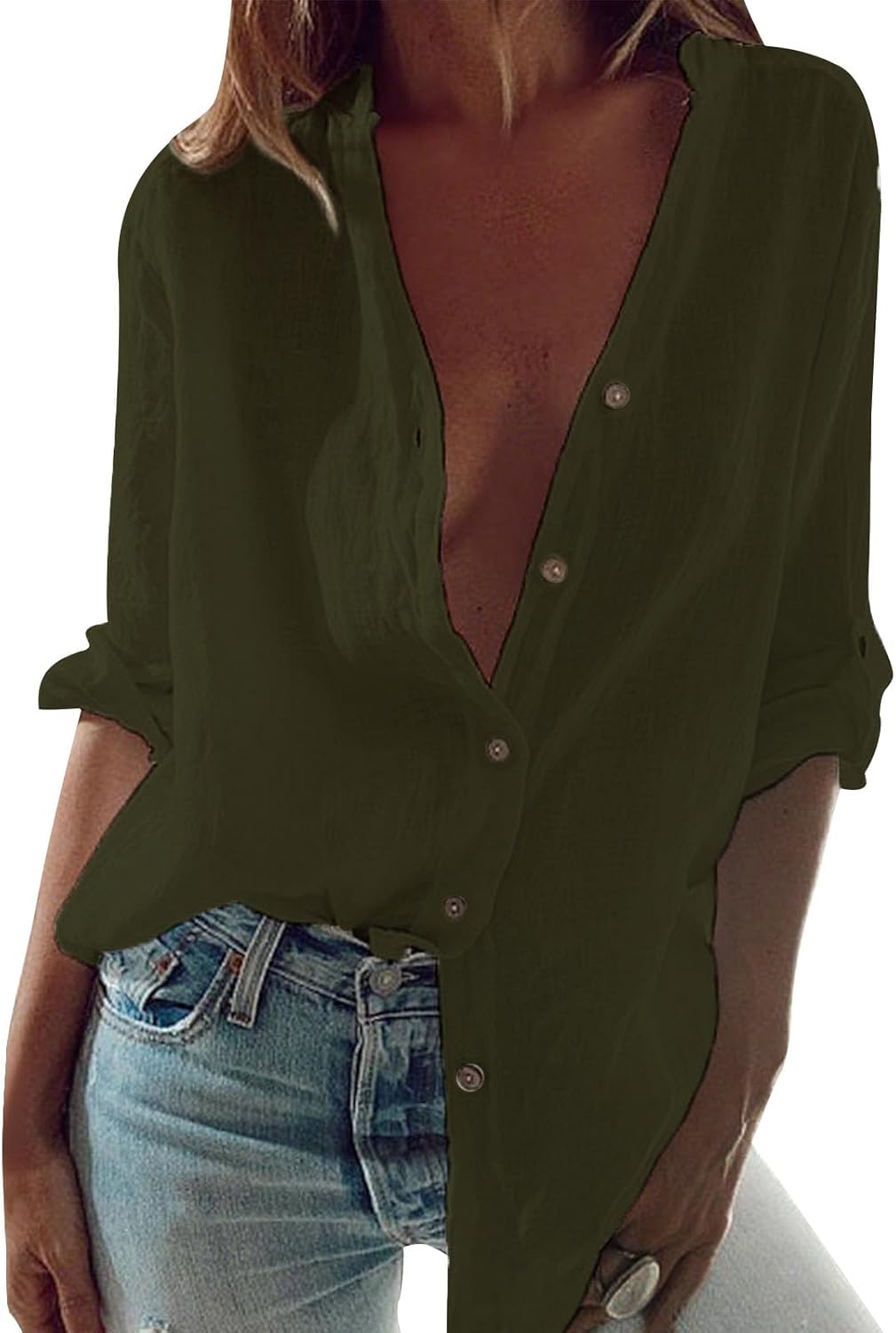 Skiennix Women's Cotton Button-Down Tunic Top - Casual Half Sleeve V-Neck Shirt | Summer Comfort