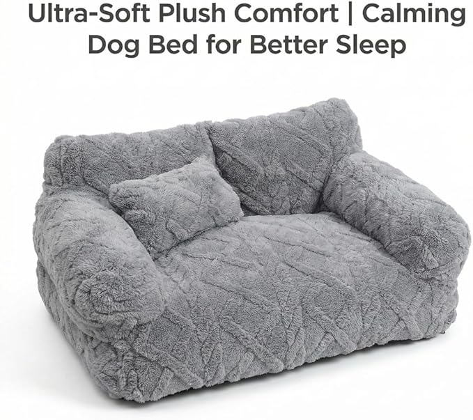 Plush Calming Pet Sofa Bed, Raised Rim, Removable Cover & Non-Slip Bottom for Cats & Dogs, Calming Dog Bed Fluffy Plush Dog Mat for Furniture Protector with Removable Washable Cover (Grey, Large)