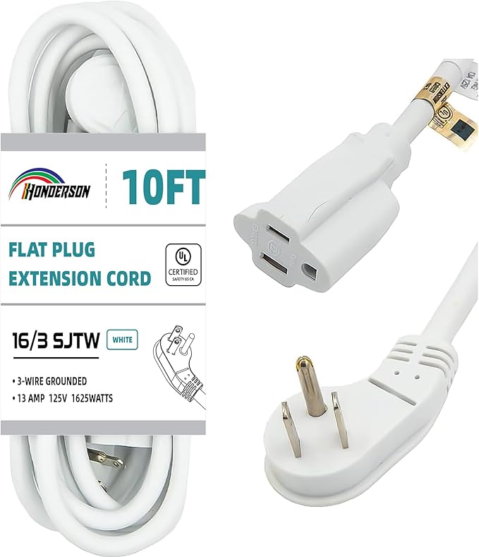 Flat Plug Indoor Extension Cord, UL Certified, 16 Gauge 10FT White 3 Prong Heavy Duty, 16/3 SJTW 13A Power Cord for Lights, Appliances, Home