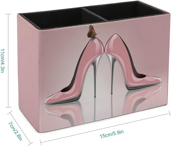 Pen Holder, Pencil Holder for Desk Organizer, Pink High Heel Shoes Butterfly PU Leather Pencil Cups Desktop Stationery Storage Makeup Brush Holder Pen Organizer for Office Home