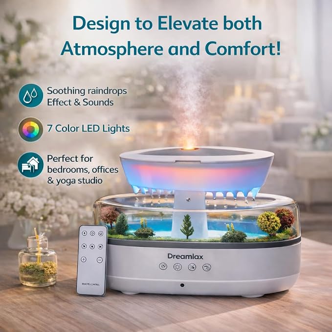 Dreamlax Rain Humidifiers for Bedroom – Cool Mist Essential Oil Diffuser, White Noise Machine with 10 Nature Sounds, 7 LED Lights, Remote Control & Decorative Raindrop Lamp