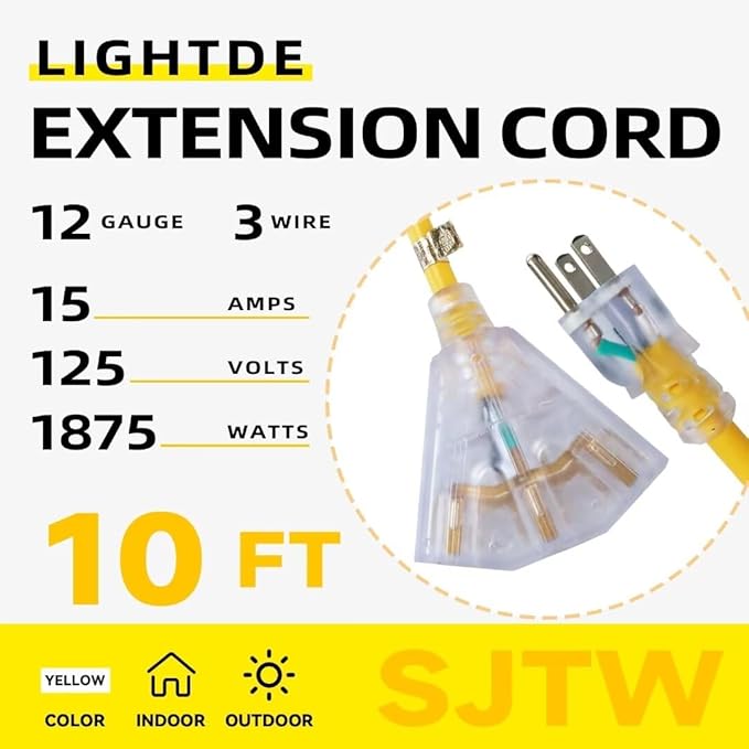 10 Ft Lighted Outdoor Extension Cord with 3 Electrical Power Outlets - 12/3 SJTW Heavy Duty Yellow Extension Cable with 3 Prong Grounded Plug for Safety, UL Listed
