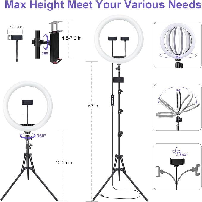 10" Selfie Ring Light with 73" Tripod Stand & 1 Phone Holder, LED Camera