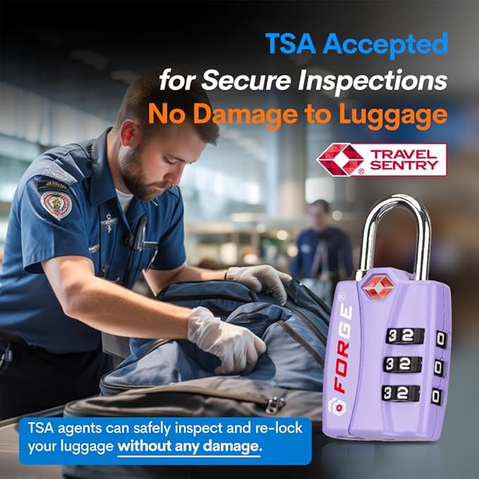 Forge Luggage Locks TSA Approved 2 Pack Purple, Small Combination Lock with Zinc Alloy Body, Open Alert, Easy Read Dials, for Travel Suitcase, Bag, Backpack, Lockers.