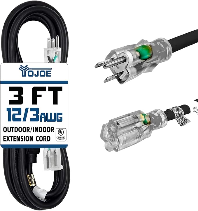 YOJOE Indoor Outdoor Extension Cord with Lighted End, 3 Prong 15A Weatherproof Power Cord, 12 Gauge Heavy Duty 3 ft Black Extension Cord for Garage, Garden and Home, 12/3 SJTW UL Listed