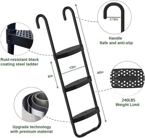 Eurmax USA Trampoline Ladder - Heavy-Duty 240 lbs Capacity with 3 Skid-Proof Steps & Shoe Storage