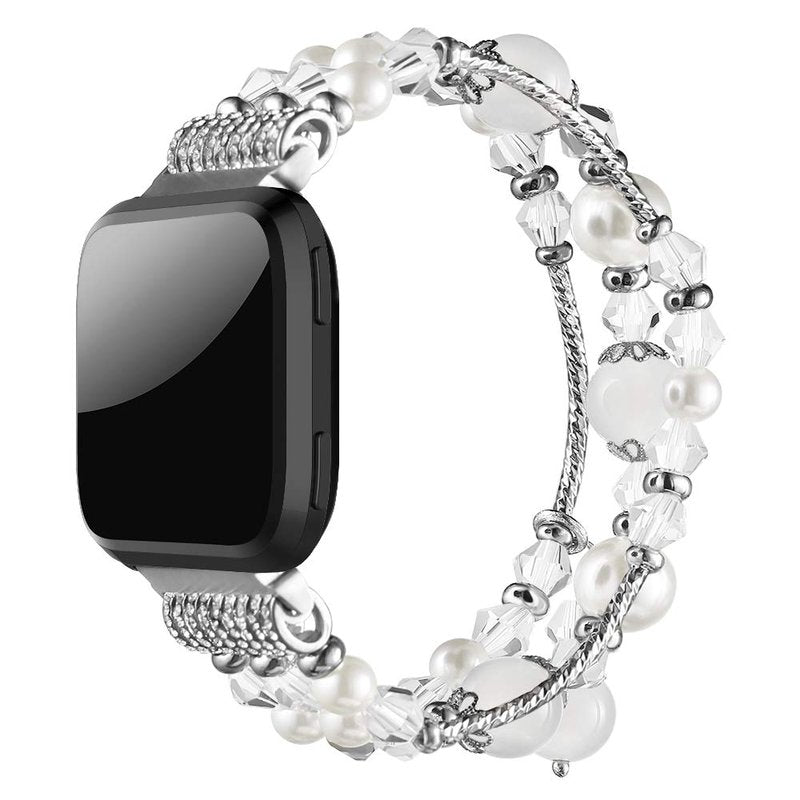 Simpeak Bracelet Elastic Band Compatible with Fitbit Versa/Versa 2/Versa Lite/Versa SE Smartwatch Only, Women Beaded Pearl Band Replacement for Fitbit Versa 2/Lite/SE, White
