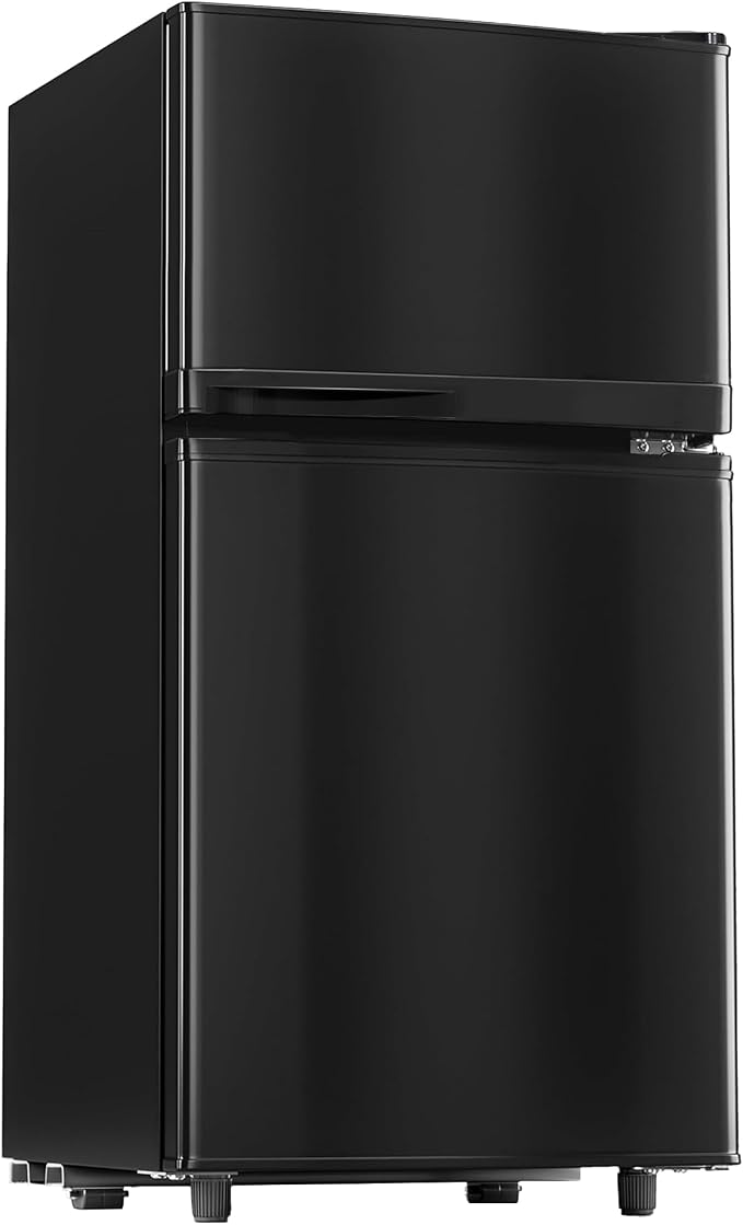 3.6 Cu.Ft Refrigerator with Freezer for Kitchen Office, Black | Double Door Small Fridge with Freezer, 7-Level Thermostat, Adjustable Shelves & Quiet Operation for Dorm and Bedroom