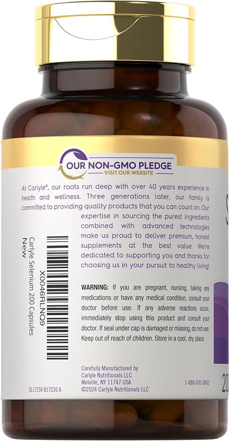 Carlyle Yeast Free Selenium Supplement | 200mcg | 200 Capsules | Vegetarian, Non-GMO, and Gluten Free Mineral Formula | L-Selenomethionine | Value Size