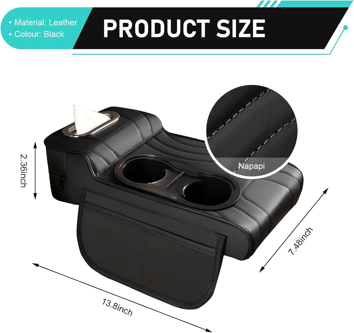 Car Center Console Cover, Microfiber Leather Car Armrest Cover, Multifunctional Armrest Storage Box with 2 Storage Bags, Cup Holders, Tissue Box Slot, Universal for Most Cars (Black)