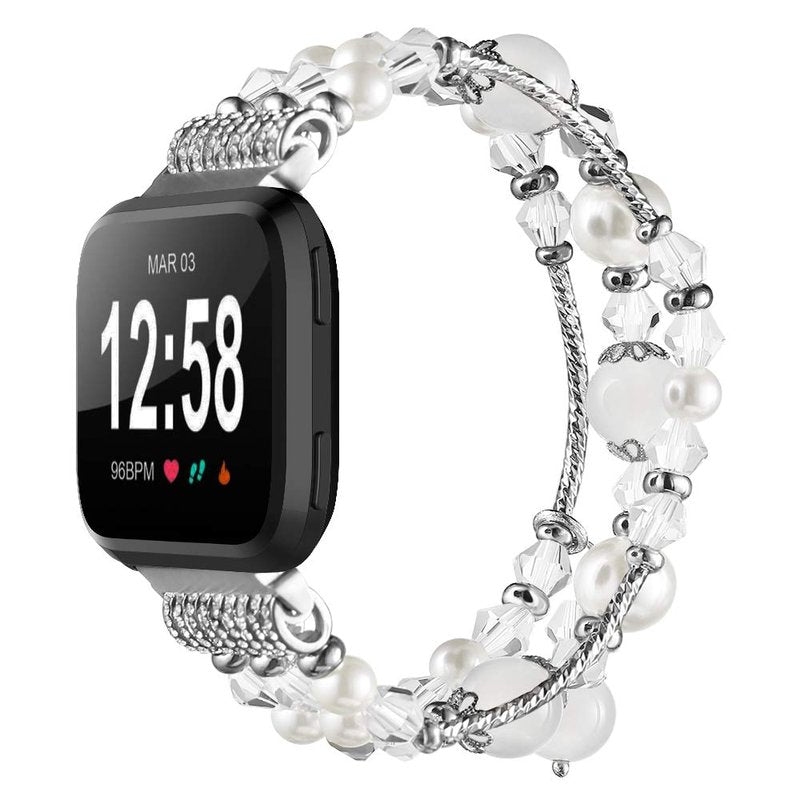 Simpeak Bracelet Elastic Band Compatible with Fitbit Versa/Versa 2/Versa Lite/Versa SE Smartwatch Only, Women Beaded Pearl Band Replacement for Fitbit Versa 2/Lite/SE, White