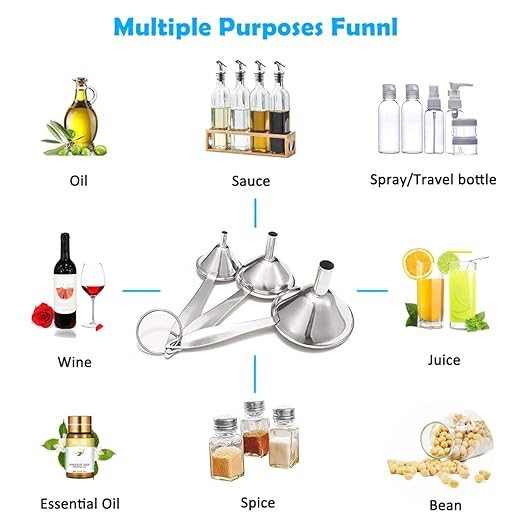 Small Funnels for Filling Bottles, 3 Pcs Stainless Steel Kitchen Funnel Set, Food Grade Mini Metal Funnel for Transferring Oil Liquid, Easy Cleaning with a Brush (Long Handle)