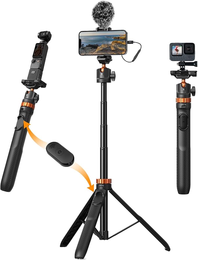 K&F CONCEPT MS08 62'' Phone Selfie Stick Tripod, 2-in-1 Extendable Cell Phone