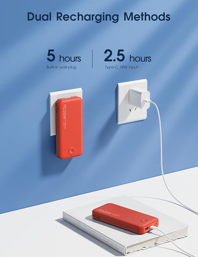 Nusyddy Portable Charger, 10000mAh PD20W Fast Charging Power Bank with Built-in Cables & Wall Plug, Travel Essentials External Battery Pack, USB C Battery Phone Charger for iPhone, iPad, Samsung Red