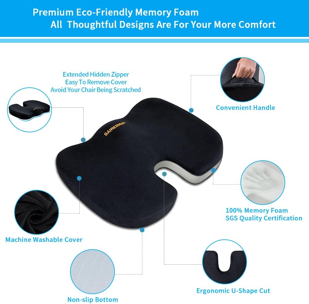 SAIREIDER Office Chair Cushion, Car Seat Cushion, Memory Foam Coccyx Cushion Pads for Tailbone Pain, Sciatica Relief Pillow, Correct Sitting Posture (Black)