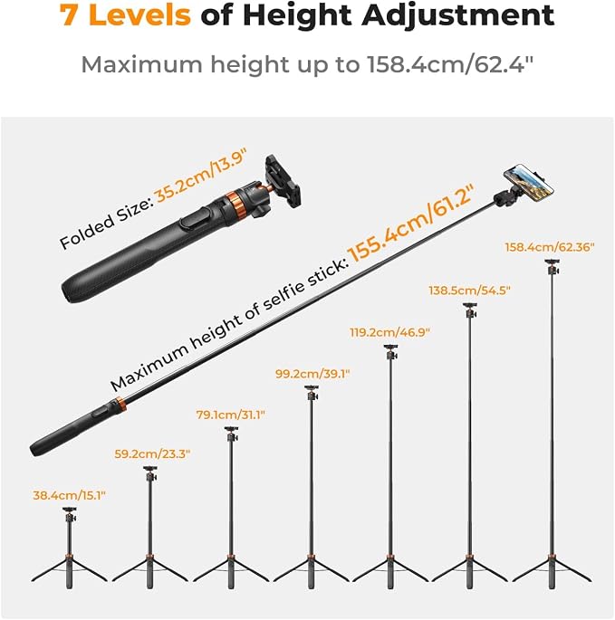 K&F CONCEPT MS08 62'' Phone Selfie Stick Tripod, 2-in-1 Extendable Cell Phone