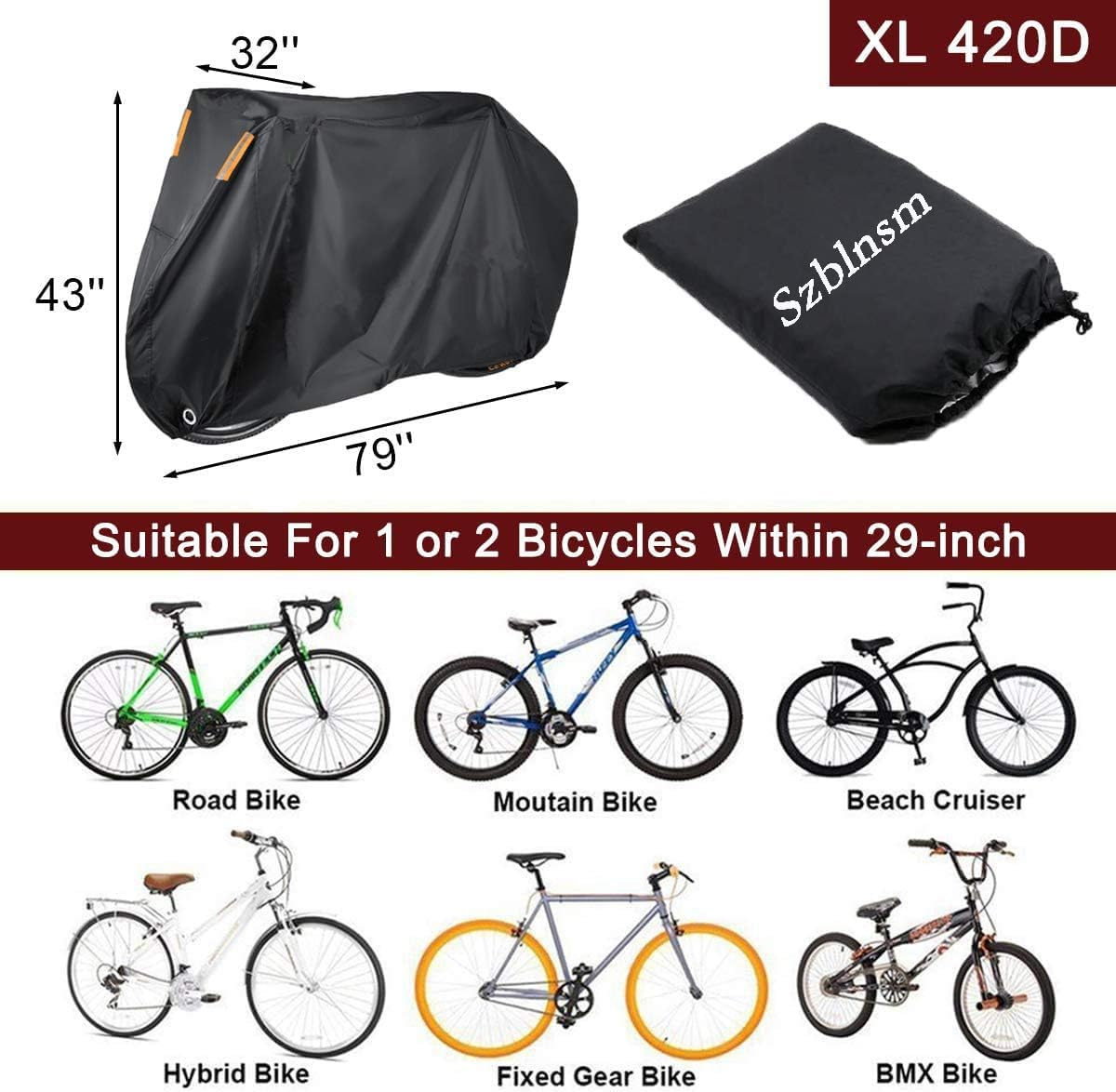 Szblnsm Bike Cover - Waterproof Outdoor Bicycle Protection for 1-3 Bikes | Heavy-Duty 420D Ripstop Material