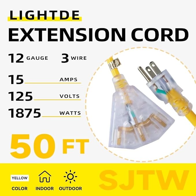 50 Ft Lighted Outdoor Extension Cord with 3 Electrical Power Outlets - 12/3 SJTW Heavy Duty Yellow Extension Cable with 3 Prong Grounded Plug for Safety, UL Listed