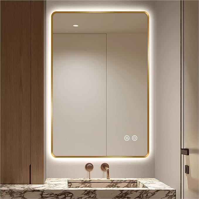 24" x 36" Gold LED Bathroom Mirror with Lights, Lighted Vanity Mirror with Anti-Fog, 3-Color Stepless Dimmable, Memory, Shatterproof, UL-Listed, Wall Backlit Mirror (Horizontal/Vertical)