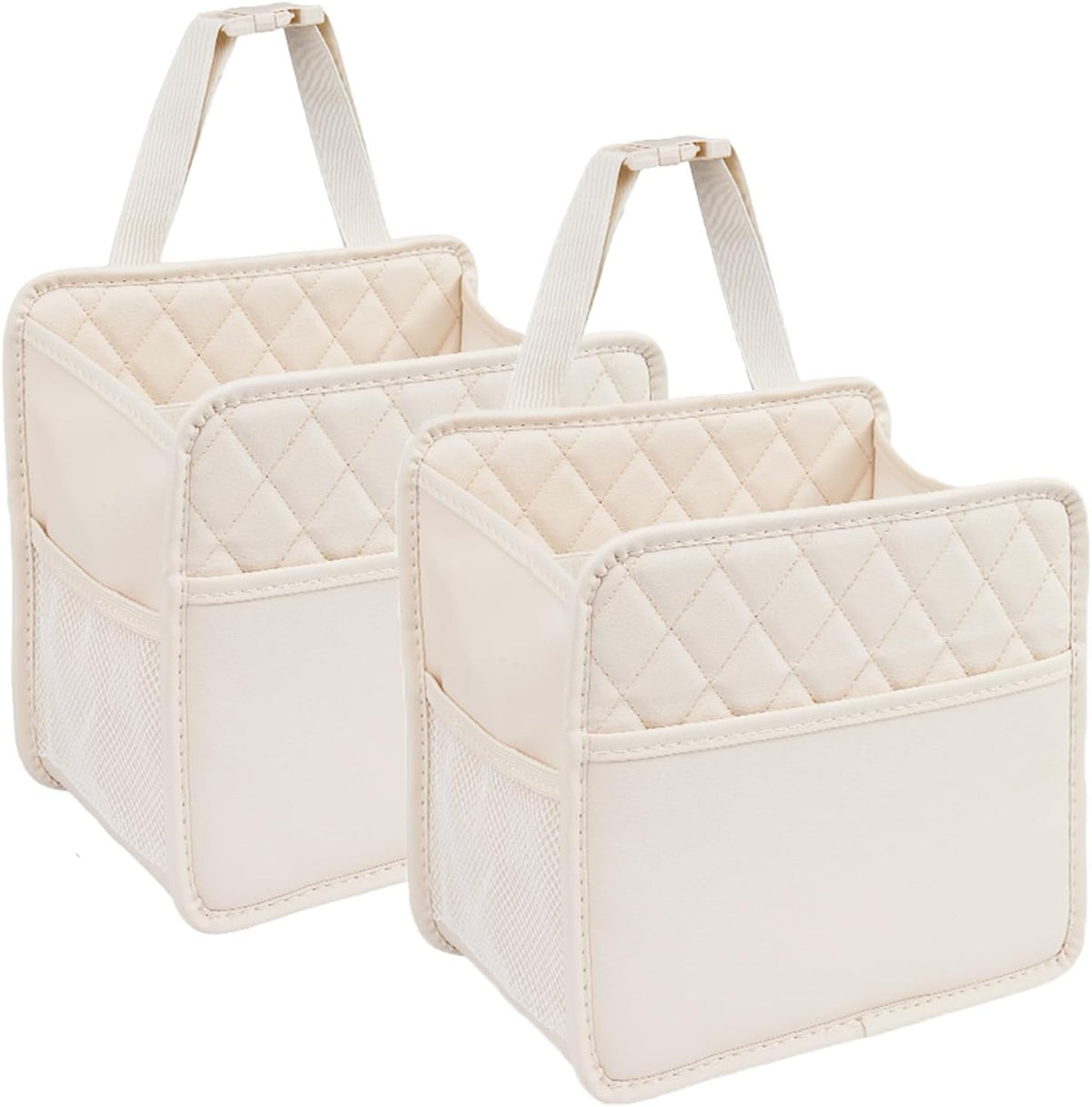 LXUNYI Car Seat Organizer,2 Pack Waterproof Pu Leather Backseat Car Organizer and Storage Bag Foldable Universal Hanging Car Seat Back Organizers for Kids & Adults (Beige 2Pack)