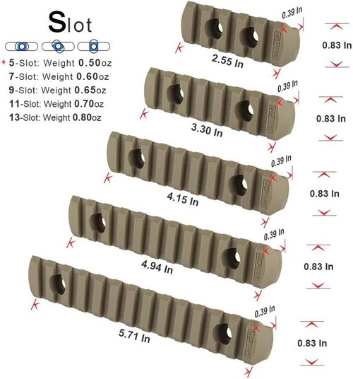 Aecktech Polymer Rail Sections - Lightweight 5-Slot, 7-Slot, 9-Slot, 11-Slot, 13-Slot with 10 Nuts & Wrench | 5 Pieces (Tan)