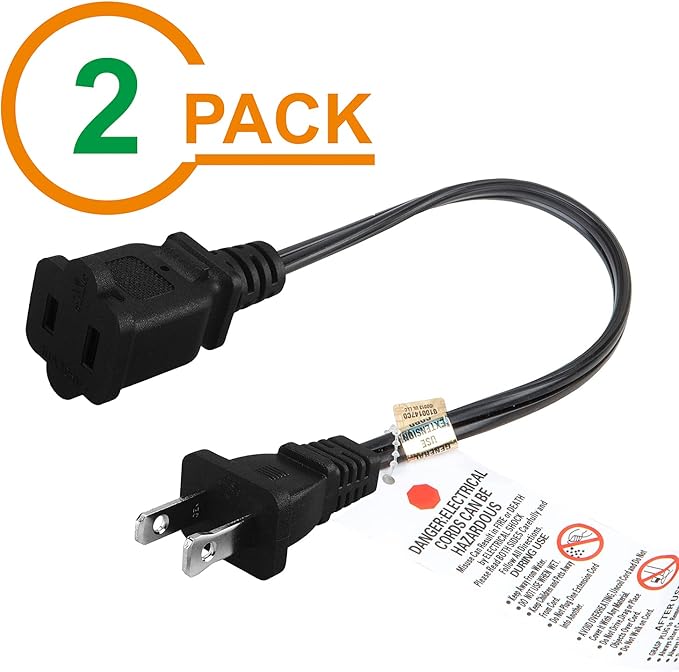 [2-Pack] Short 1-Foot Polarized US 2-Prong Male-Female Extension Power Cord,16AWG 2 Outlet Extension Cable 2-Prong 10A/125V,Nema 1-15P to 1-15R Extension Cable