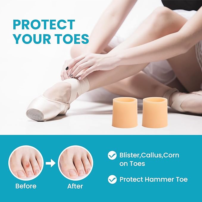 Povihome Toe Sleeves, Toe Protectors, 12 Pack Toe Tube Pads for Hammer Toe,Stubbed Toe,Corns, Calluses Protect (Large Size, Beige)
