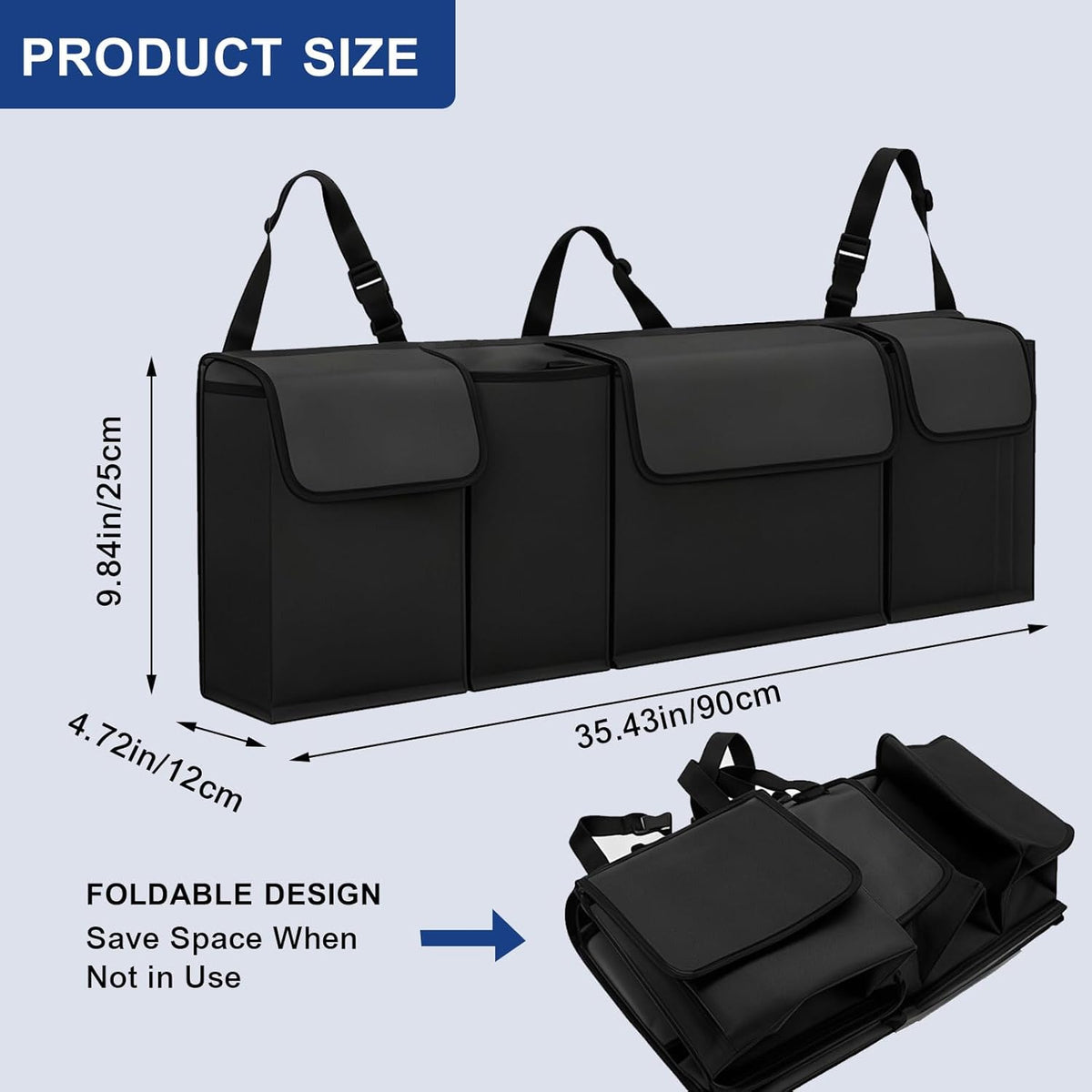 Car Trunk Organizer – Backseat Hanging Large Storage Bag with Adjustable Straps, Waterproof Collapsible Cargo Organizer with 4 Pockets, Space-Saving Trunk Storage for SUV Truck MPV (Black)