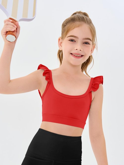 Haloumoning Girls Training Bra Kids Cute Ruffle Sports Bra Workout Yoga Bra Comfort Dance Crop Top Red